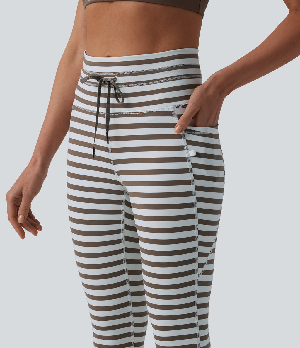 High Waisted Drawstring Stripe Yoga Leggings with Pockets — Café Mocha — view 4