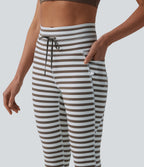 High Waisted Drawstring Stripe Yoga Leggings with Pockets — Café Mocha — view 4