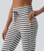 High Waisted Drawstring Stripe Yoga Leggings with Pockets — Café Mocha — view 6