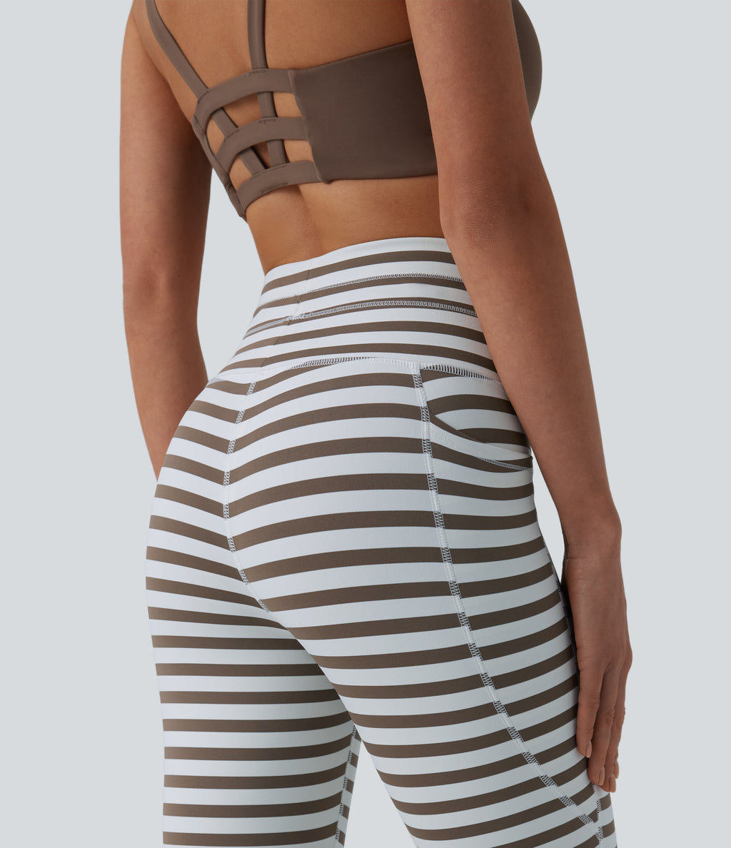 High Waisted Drawstring Stripe Yoga Leggings with Pockets — Café Mocha — view 5
