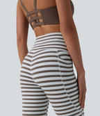 High Waisted Drawstring Stripe Yoga Leggings with Pockets — Café Mocha — view 5