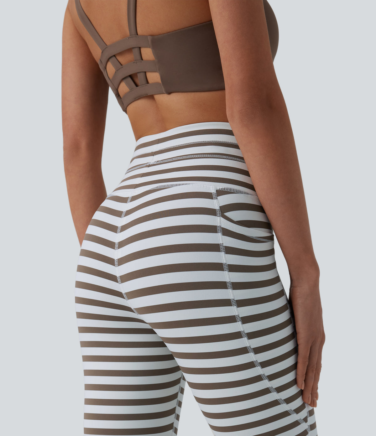 High Waisted Drawstring Stripe Yoga Leggings with Pockets — Café Mocha — view 5