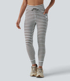 High Waisted Drawstring Stripe Yoga Leggings with Pockets — Café Mocha — view 3