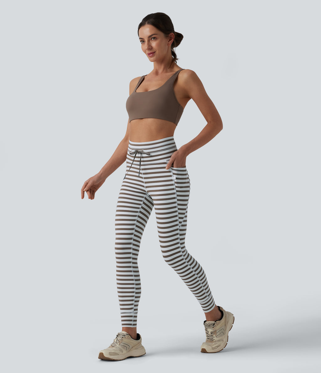 High Waisted Drawstring Stripe Yoga Leggings with Pockets — Café Mocha — view 7