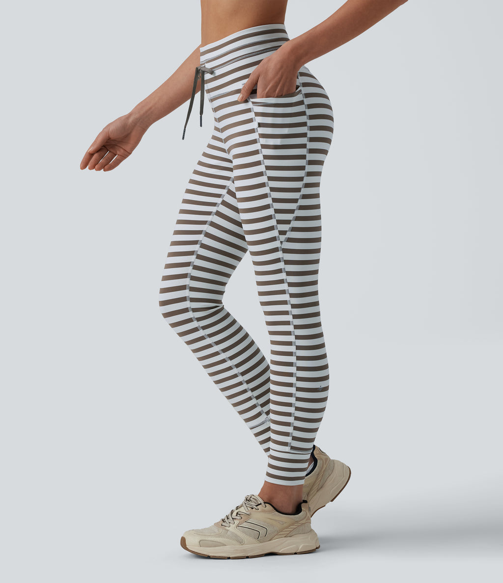 High Waisted Drawstring Stripe Yoga Leggings with Pockets — Café Mocha — view 1