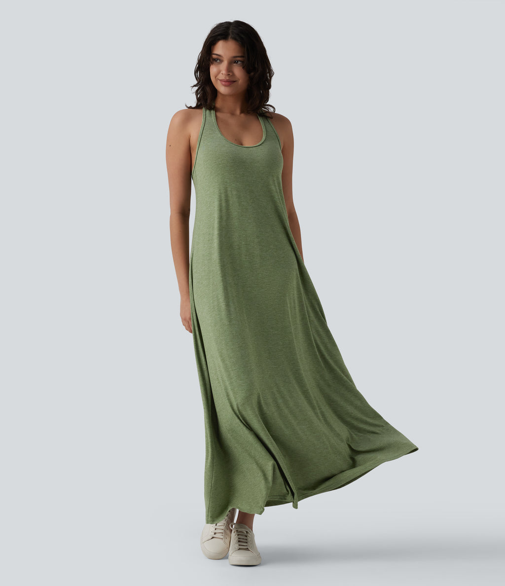 U Neck Flowy Maxi Casual Dress — Light Green Floral Yarn — view 3