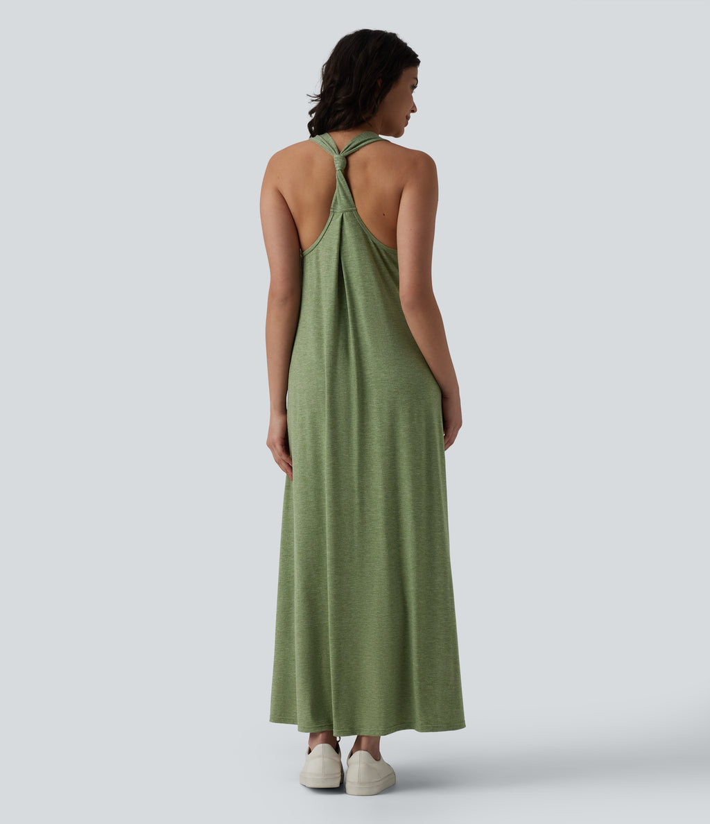 U Neck Flowy Maxi Casual Dress — Light Green Floral Yarn — view 2