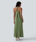 U Neck Flowy Maxi Casual Dress — Light Green Floral Yarn — view 2