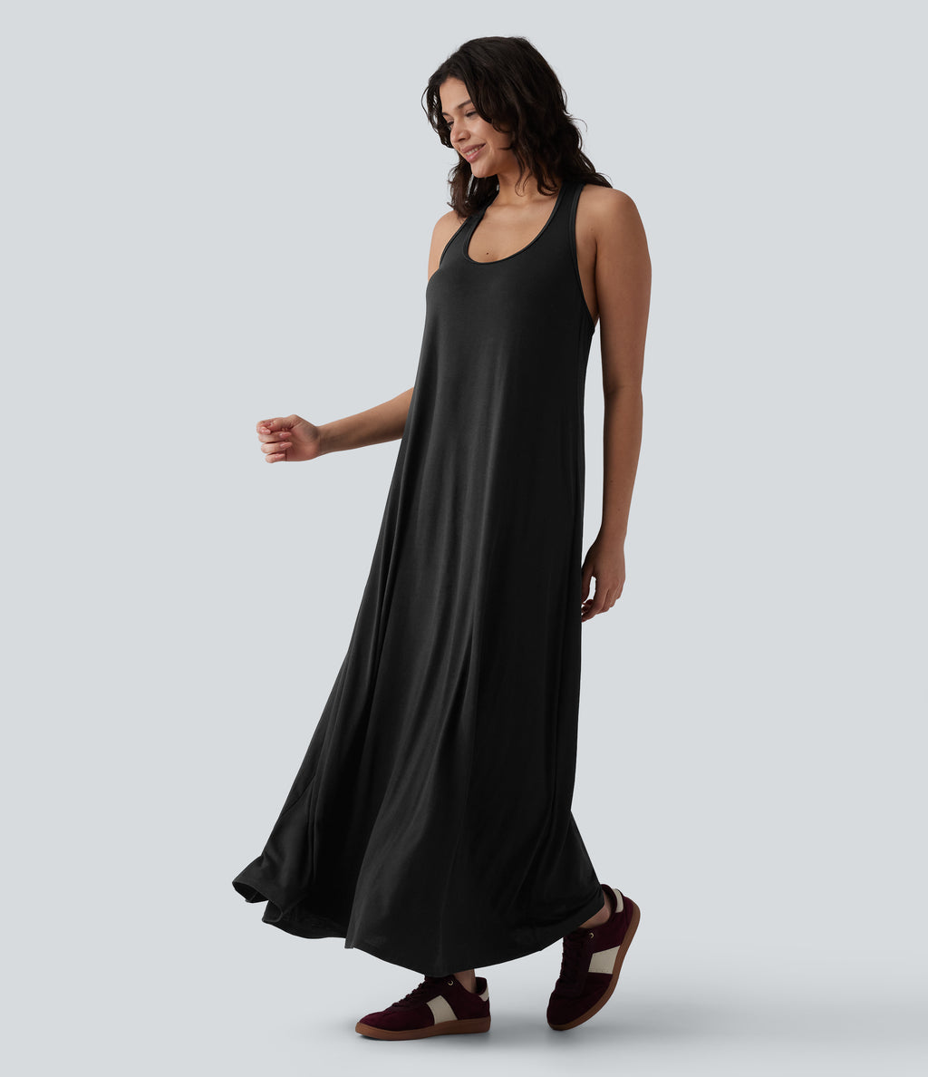 U Neck Flowy Maxi Casual Dress — Black — view 7