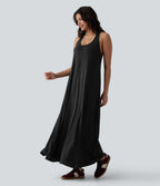 U Neck Flowy Maxi Casual Dress — Black — view 7