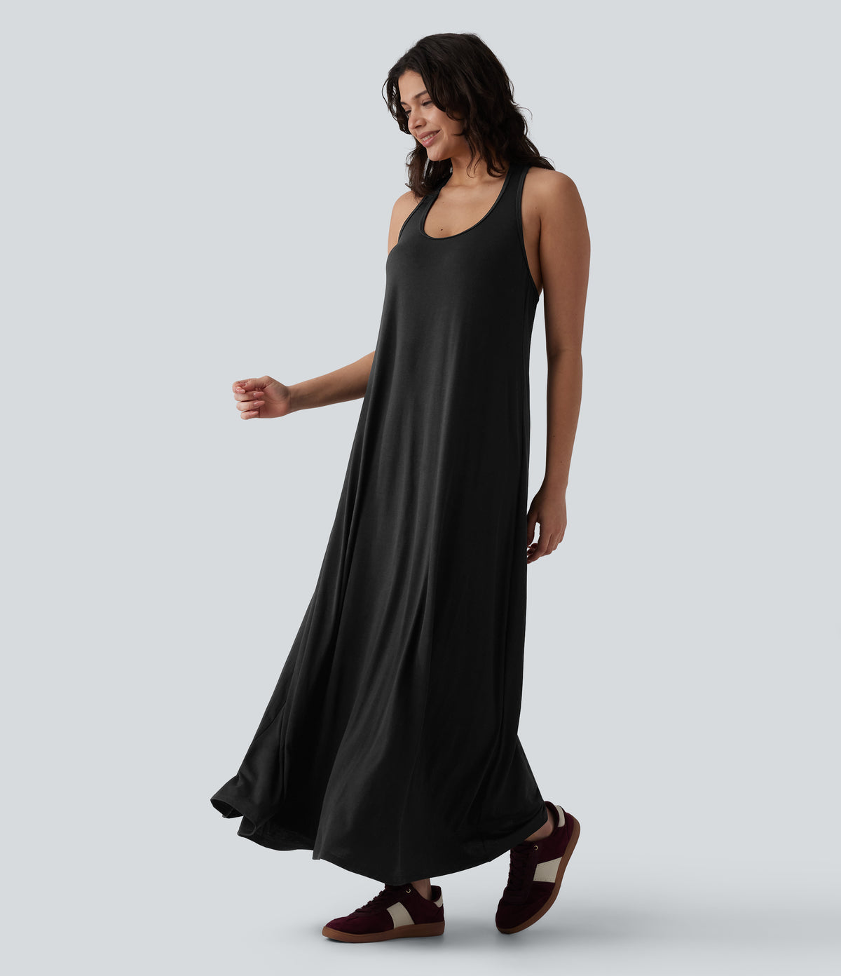 U Neck Flowy Maxi Casual Dress — Black — view 7
