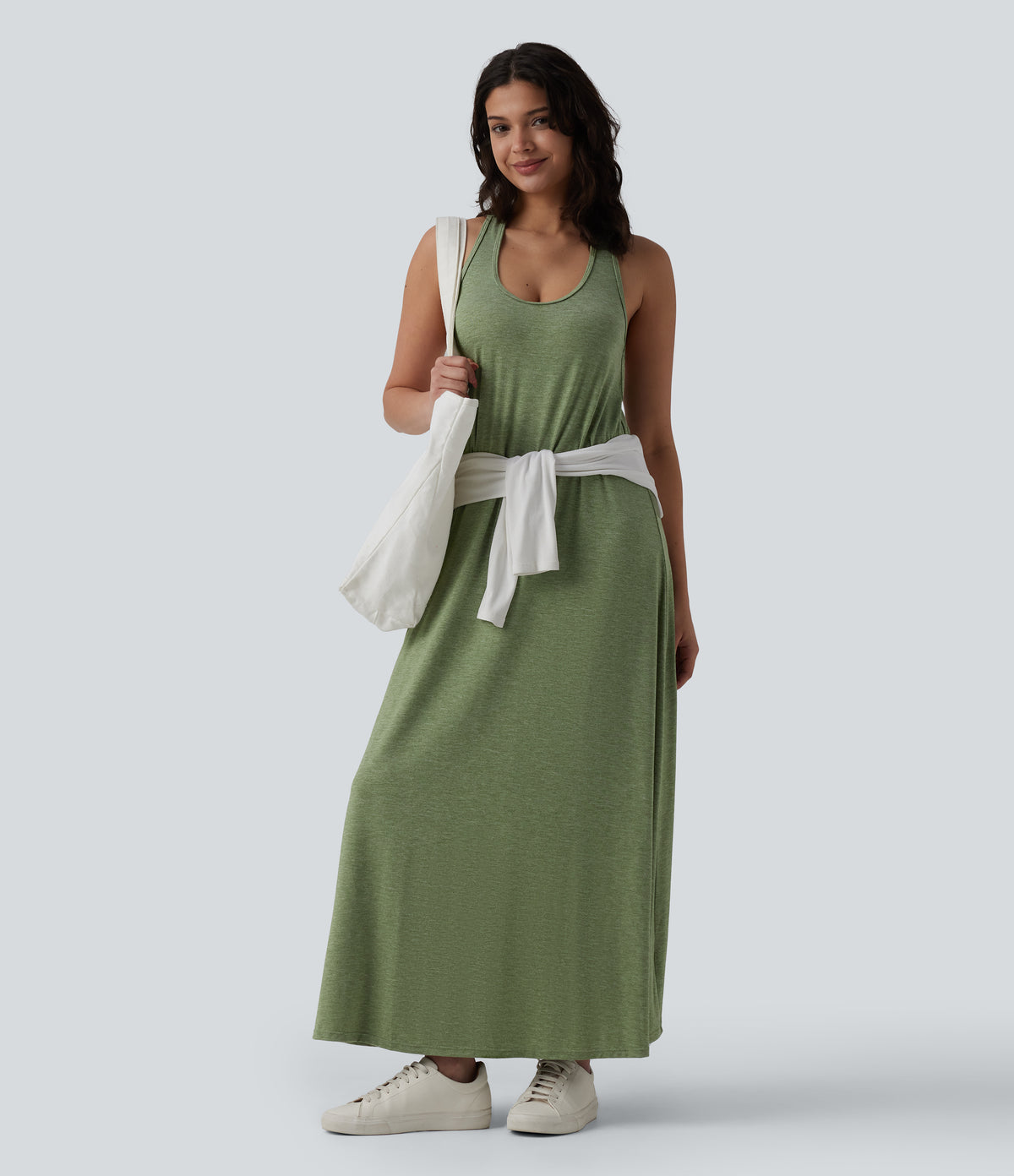 U Neck Flowy Maxi Casual Dress — Light Green Floral Yarn — view 6