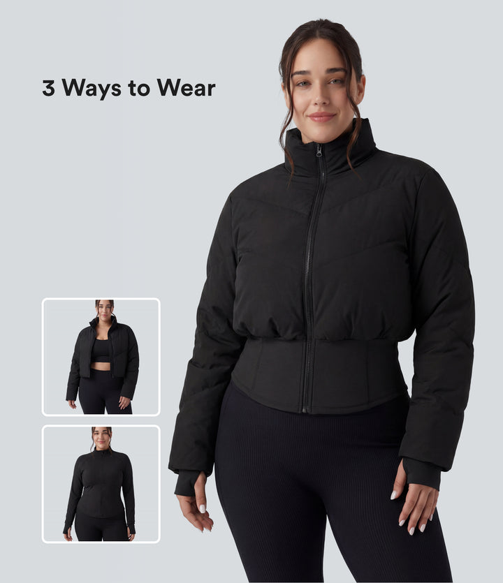 PuffFlex Plus Size 3-in-1 Stand Collar Casual Cropped Puffer Coat & Thumb Holes Curved Hem Jacket with Pockets — Black — view 1