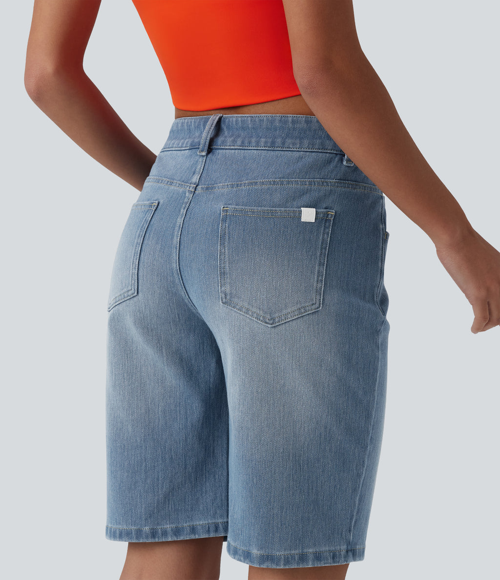 Asymmetric Low Rise Denim Casual Shorts with Pockets — Malibu Blue Denim — view 5