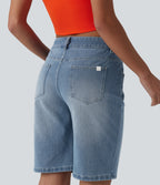 Asymmetric Low Rise Denim Casual Shorts with Pockets — Malibu Blue Denim — view 5