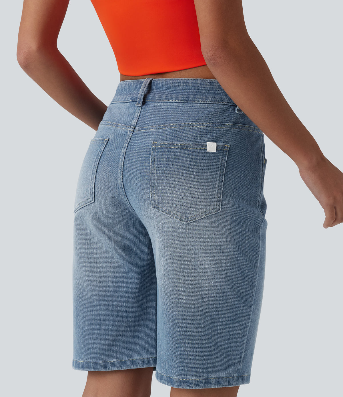 Asymmetric Low Rise Denim Casual Shorts with Pockets — Malibu Blue Denim — view 5