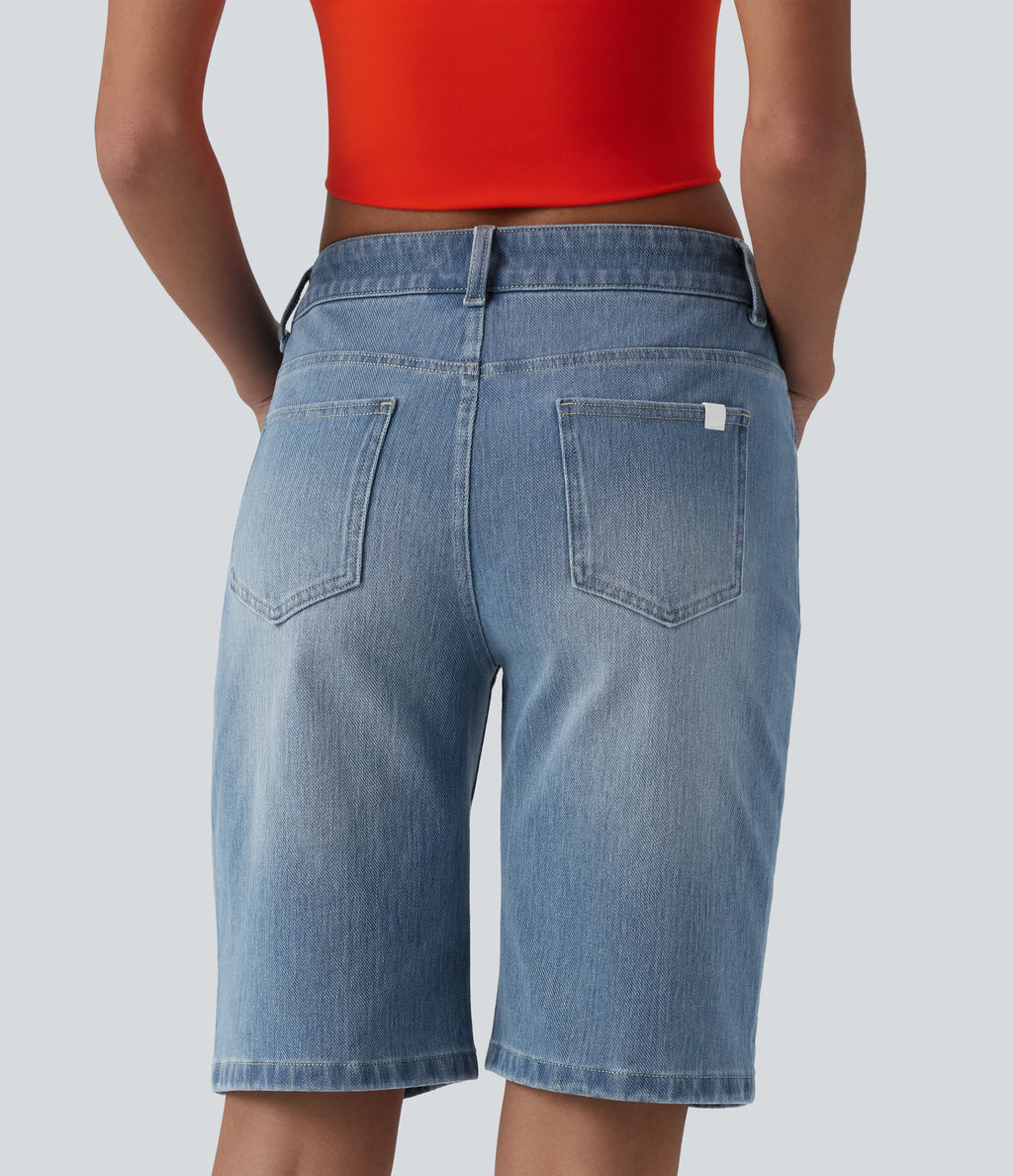 Asymmetric Low Rise Denim Casual Shorts with Pockets — Malibu Blue Denim — view 2