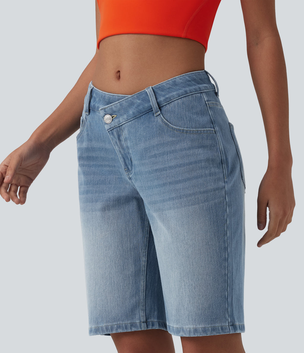 Asymmetric Low Rise Denim Casual Shorts with Pockets — Malibu Blue Denim — view 3