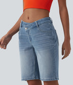Asymmetric Low Rise Denim Casual Shorts with Pockets — Malibu Blue Denim — view 3