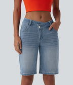 Asymmetric Low Rise Denim Casual Shorts with Pockets — Malibu Blue Denim — view 1