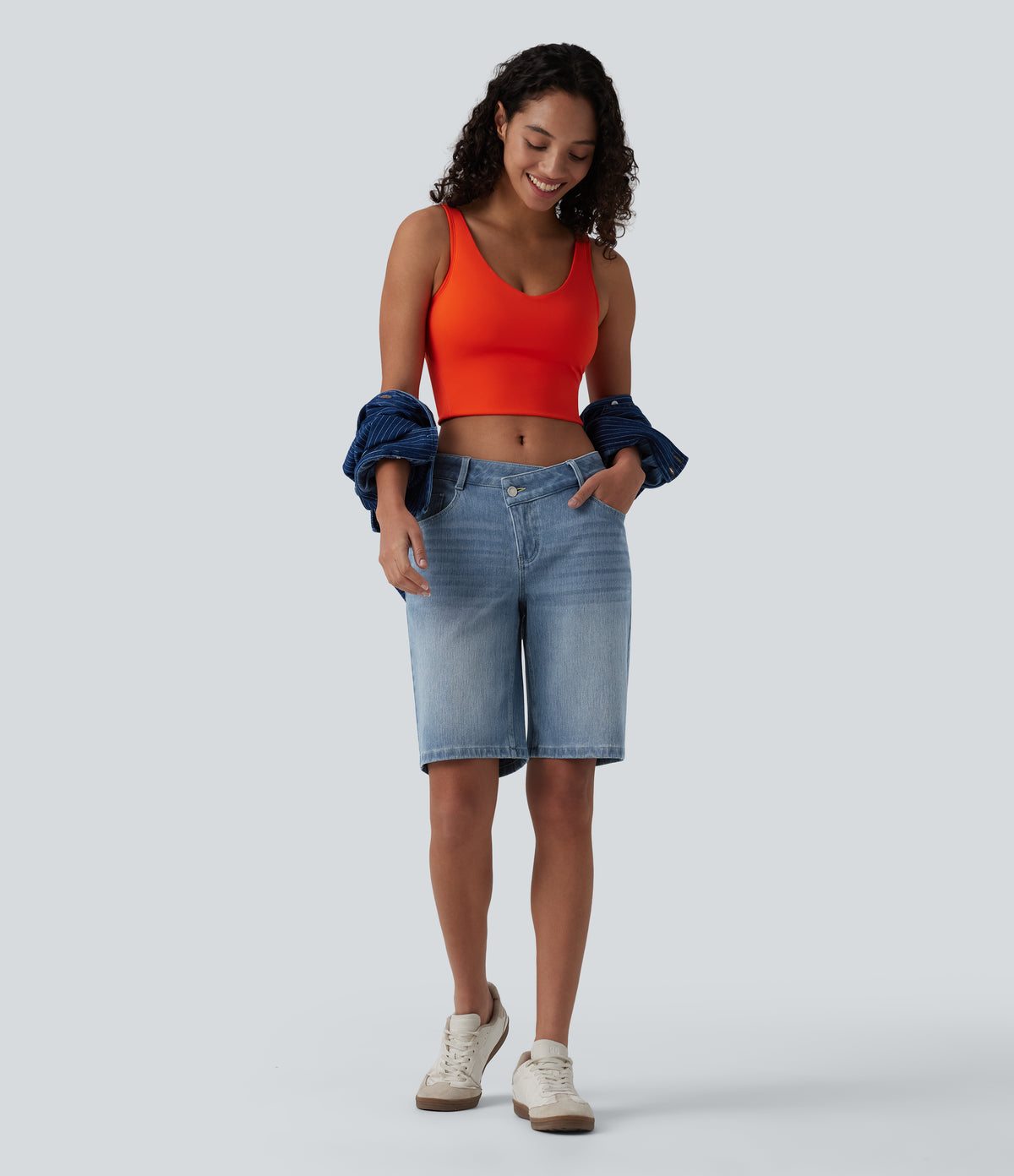 Asymmetric Low Rise Denim Casual Shorts with Pockets — Malibu Blue Denim — view 6