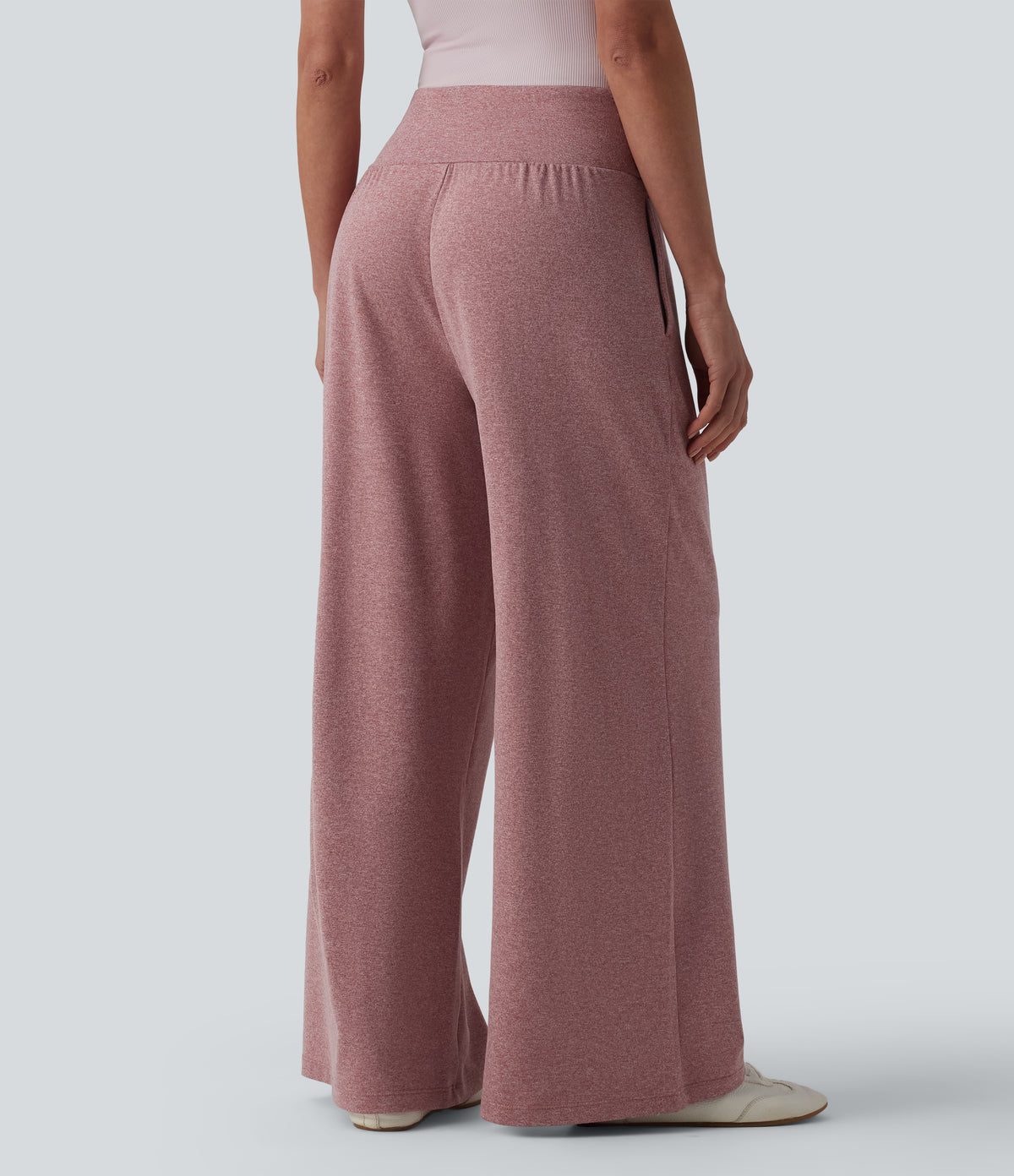 High Waisted Tummy Control Drawstring Wide Leg Casual Trousers with Pockets — Mottled Begonia — view 2