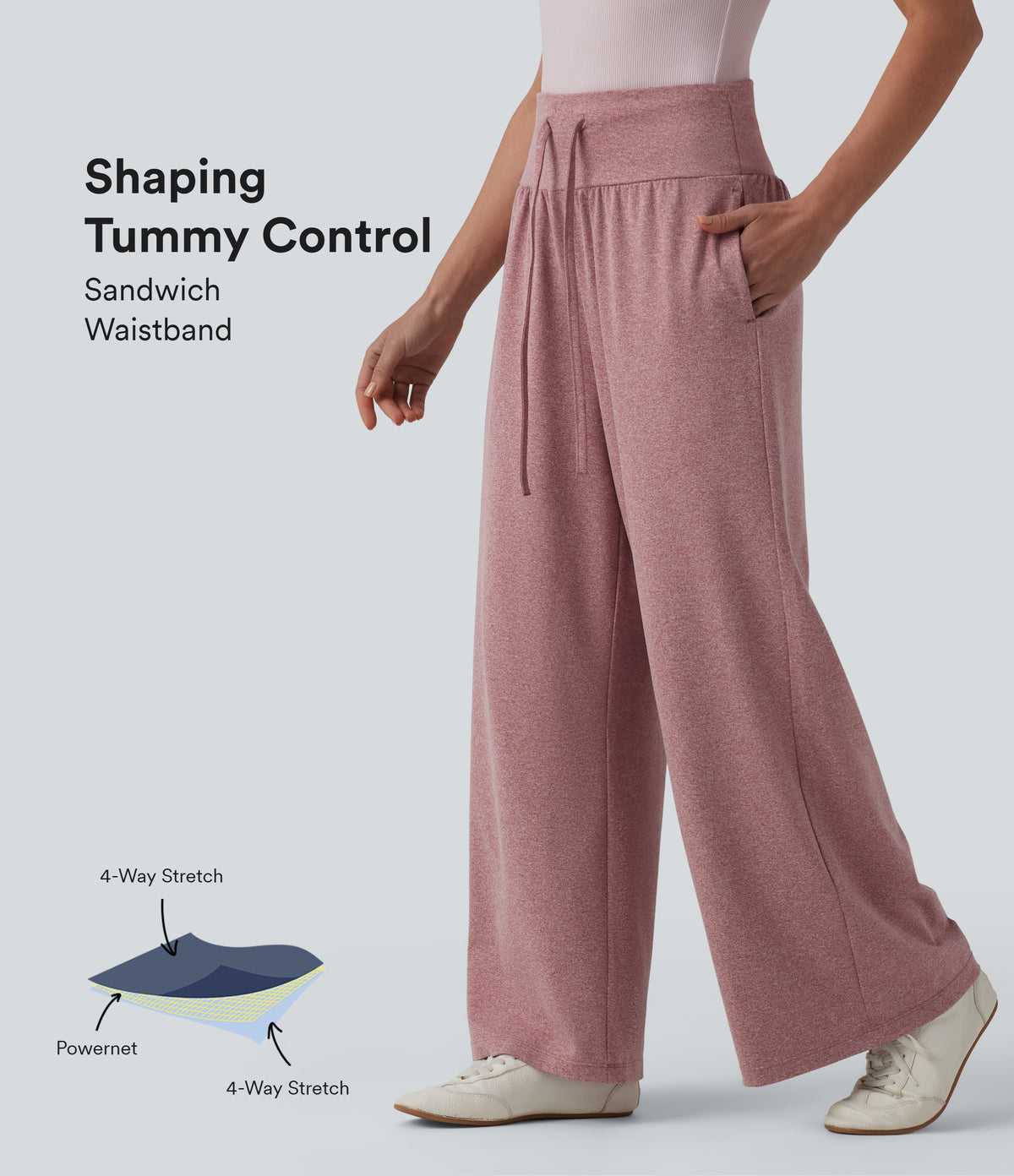 High Waisted Tummy Control Drawstring Wide Leg Casual Trousers with Pockets — Mottled Begonia — view 1