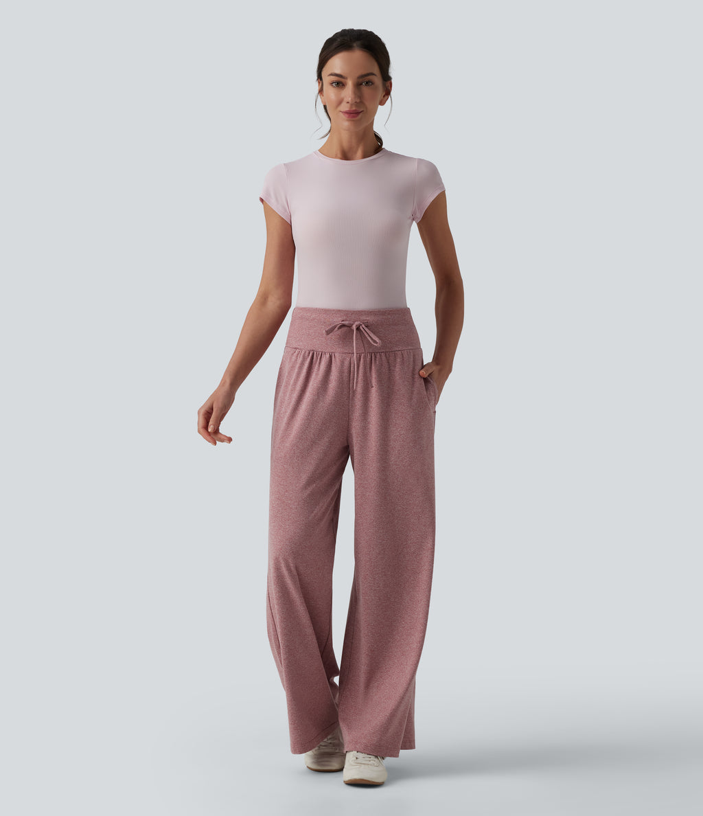 High Waisted Tummy Control Drawstring Wide Leg Casual Trousers with Pockets — Mottled Begonia — view 6