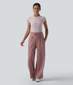 High Waisted Tummy Control Drawstring Wide Leg Casual Trousers with Pockets — Mottled Begonia — view 6