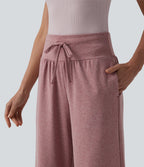 High Waisted Tummy Control Drawstring Wide Leg Casual Trousers with Pockets — Mottled Begonia — view 4