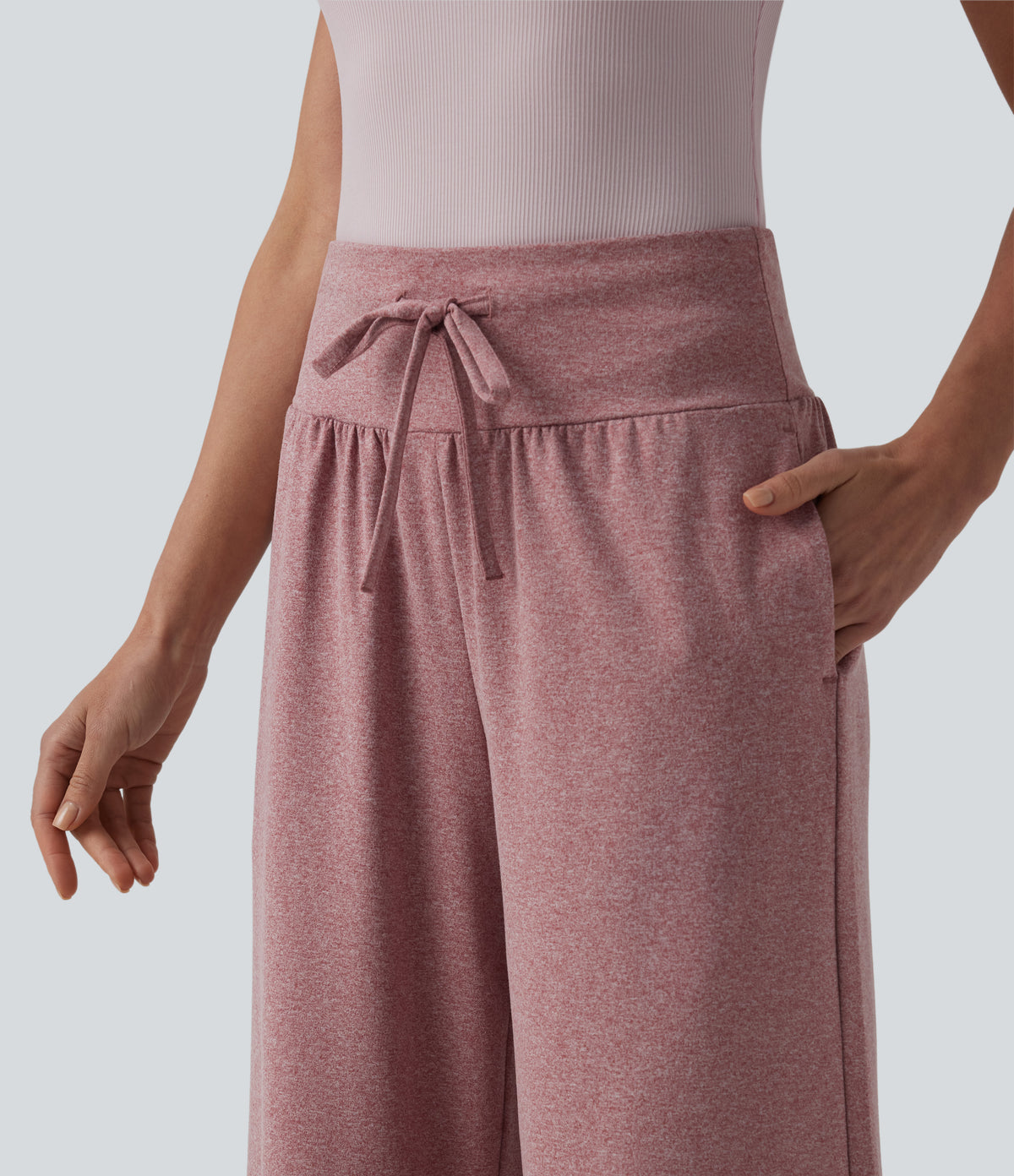 High Waisted Tummy Control Drawstring Wide Leg Casual Trousers with Pockets — Mottled Begonia — view 4