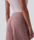 High Waisted Tummy Control Drawstring Wide Leg Casual Trousers with Pockets — Mottled Begonia — view 5