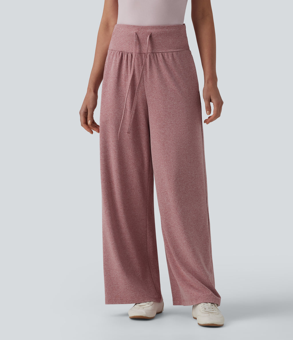 High Waisted Tummy Control Drawstring Wide Leg Casual Trousers with Pockets — Mottled Begonia — view 3