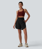 High Waisted 2-in-1 Curved Hem Quick Dry Running Shorts 7" with Pockets — Black — view 7