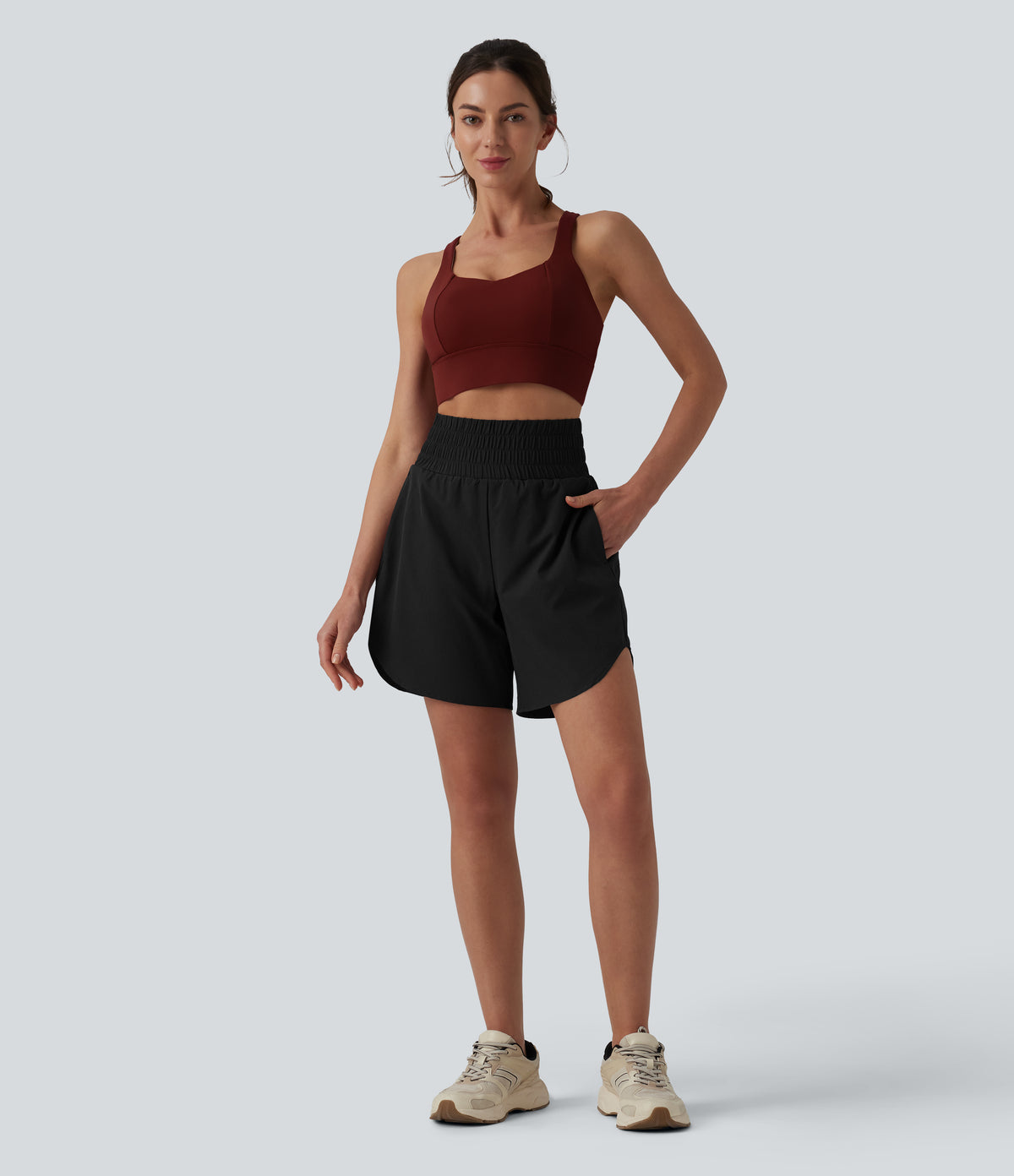 High Waisted 2-in-1 Curved Hem Quick Dry Running Shorts 7" with Pockets — Black — view 7