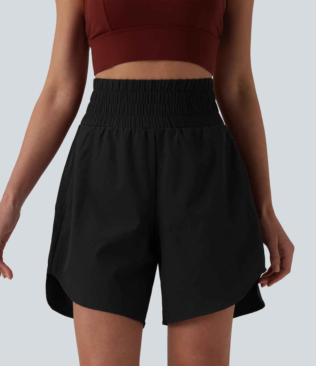 High Waisted 2-in-1 Curved Hem Quick Dry Running Shorts 7" with Pockets — Black — view 3