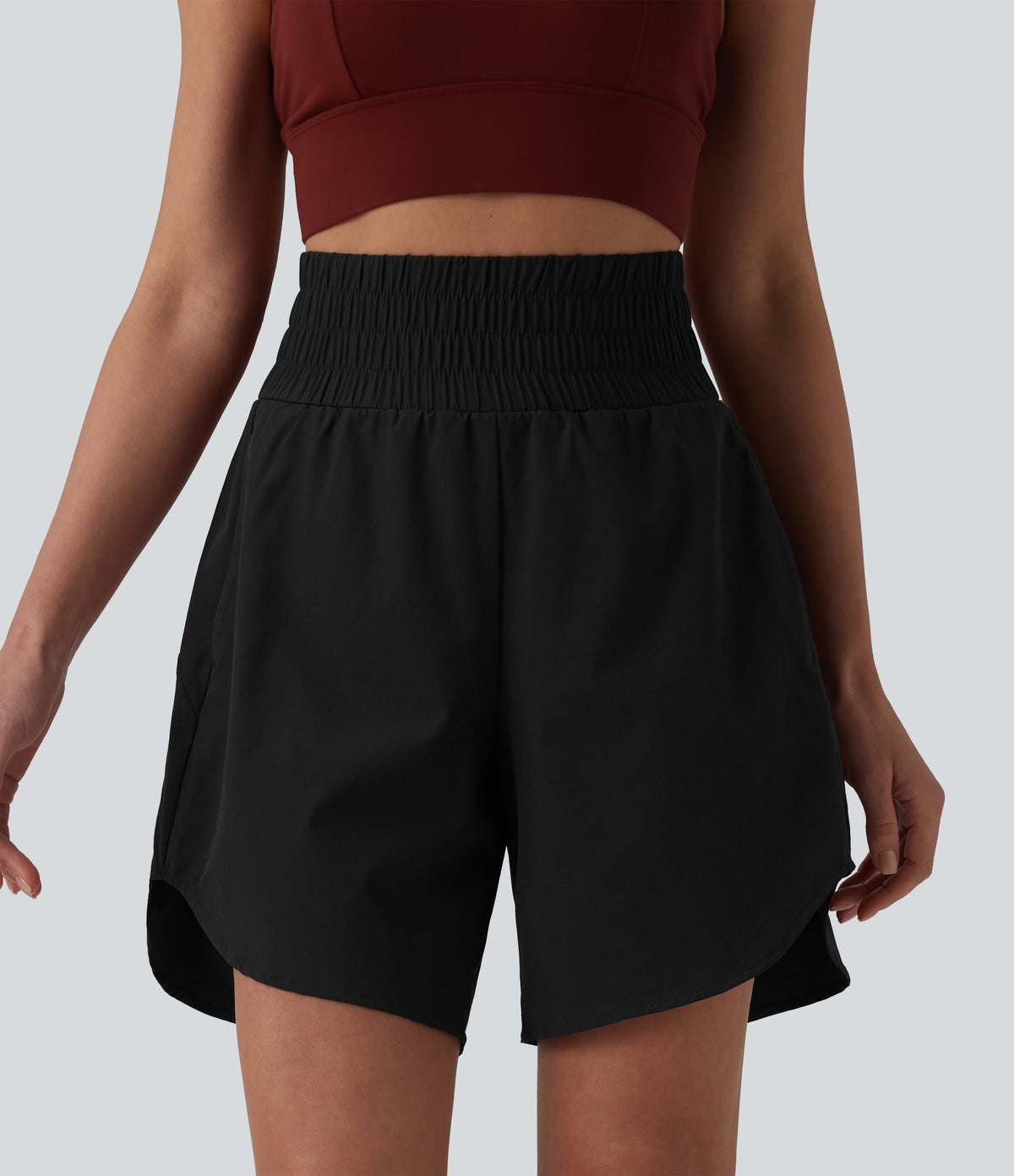 High Waisted 2-in-1 Curved Hem Quick Dry Running Shorts 7" with Pockets — Black — view 3