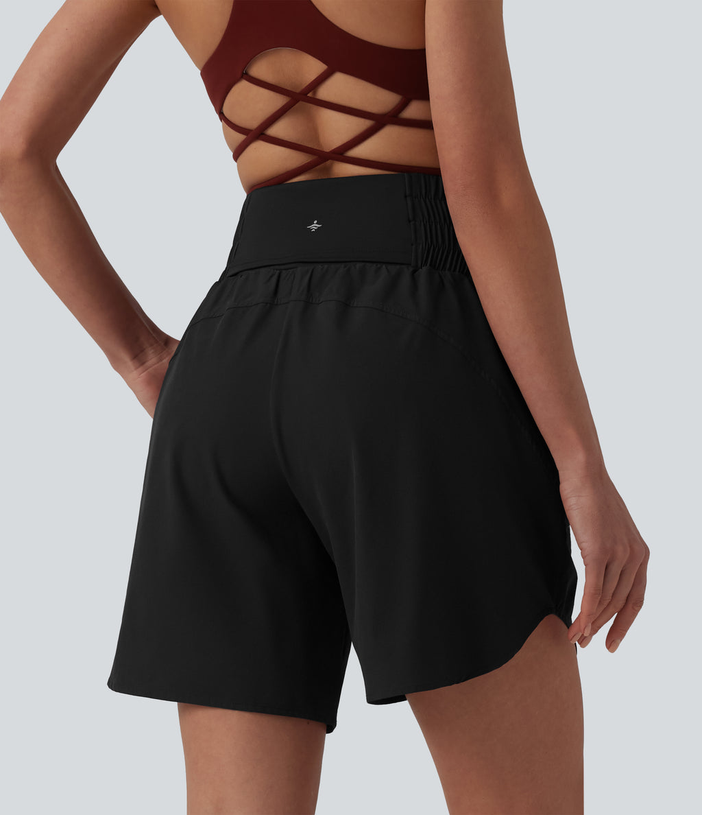 High Waisted 2-in-1 Curved Hem Quick Dry Running Shorts 7" with Pockets — Black — view 2