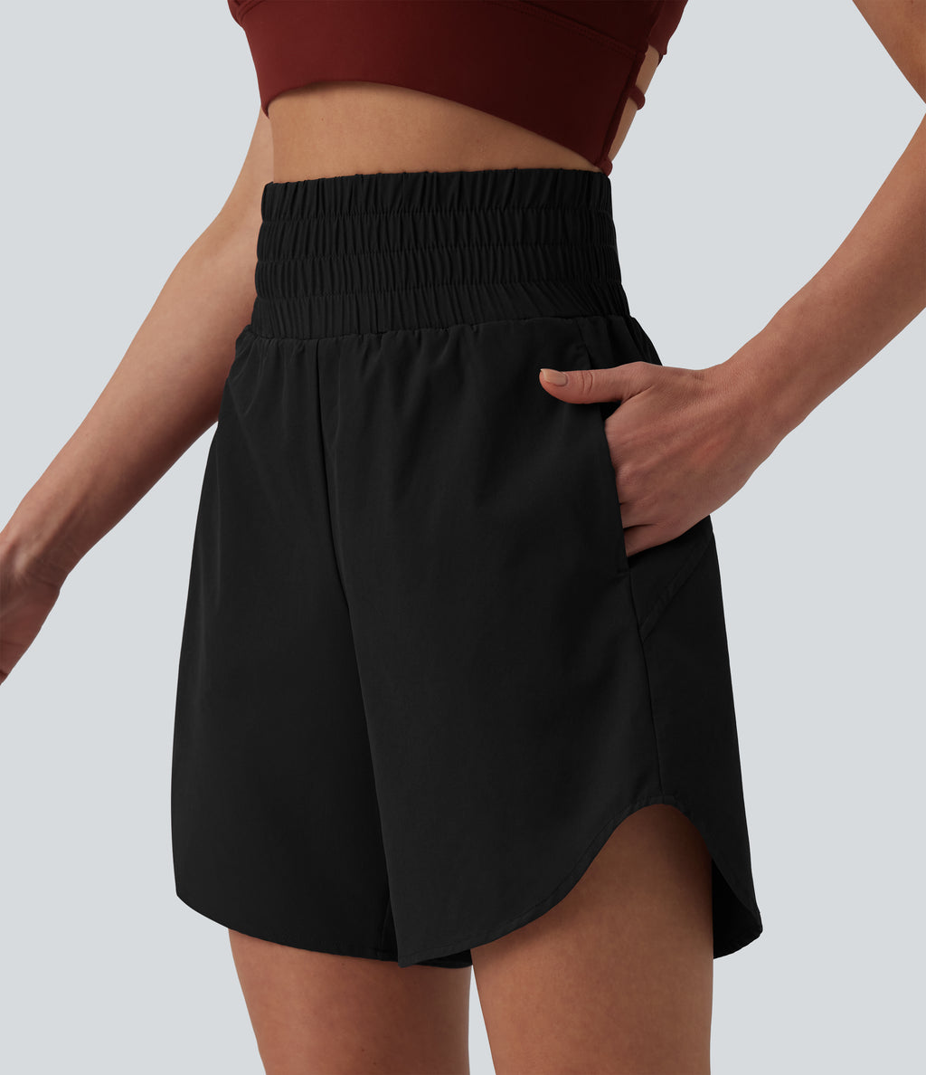 High Waisted 2-in-1 Curved Hem Quick Dry Running Shorts 7" with Pockets — Black — view 5