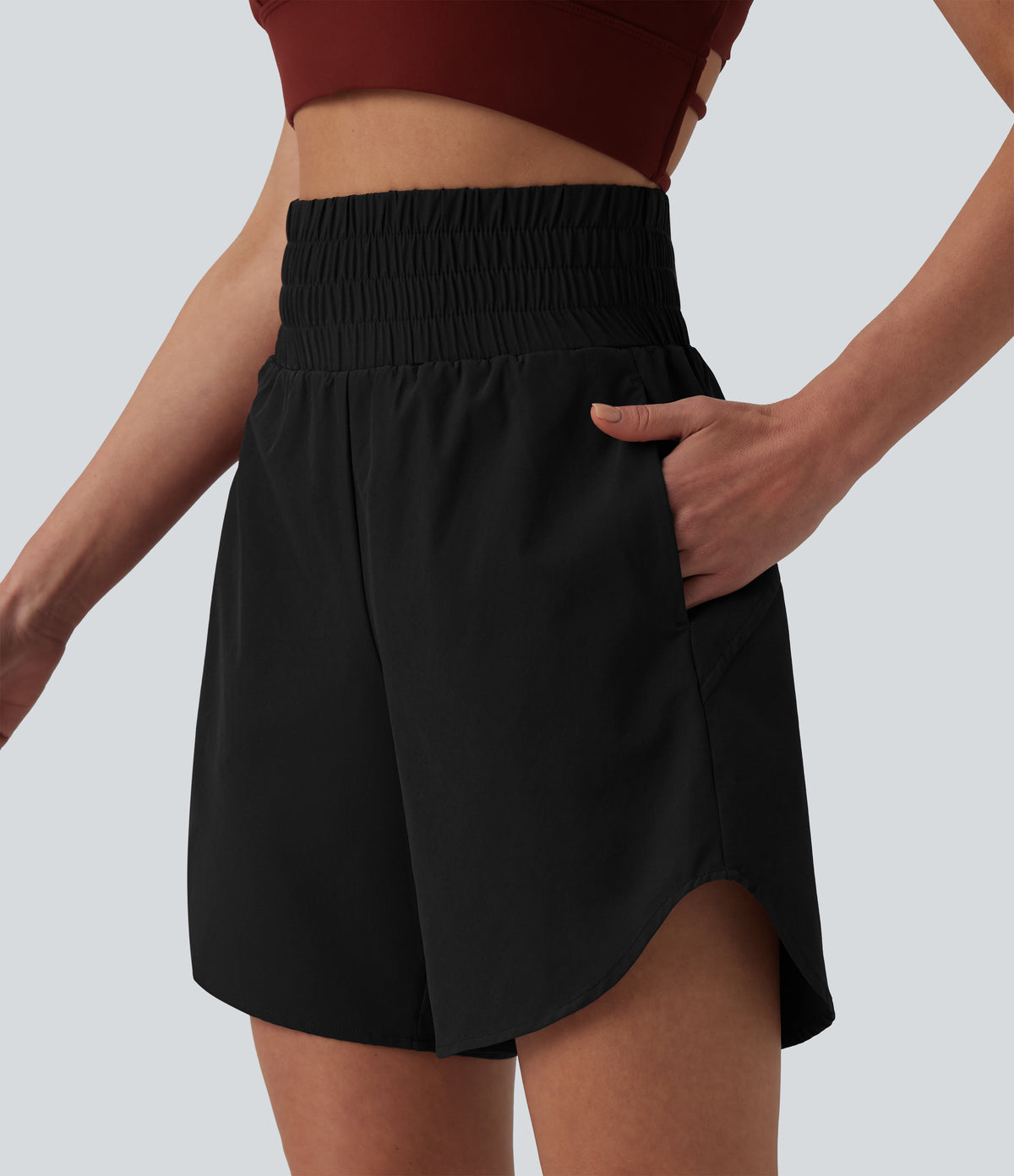 High Waisted 2-in-1 Curved Hem Quick Dry Running Shorts 7" with Pockets — Black — view 5