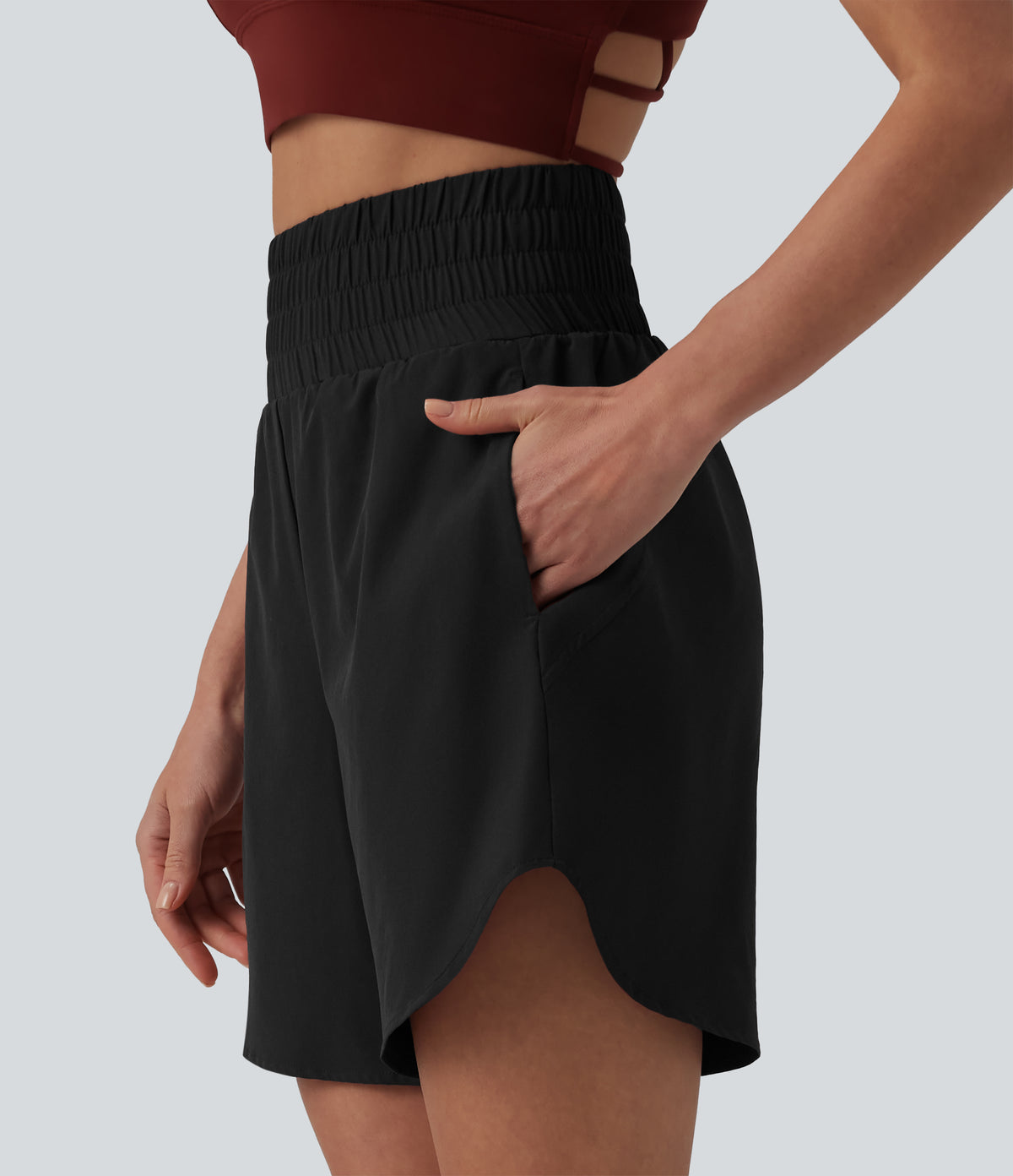 High Waisted 2-in-1 Curved Hem Quick Dry Running Shorts 7" with Pockets — Black — view 1