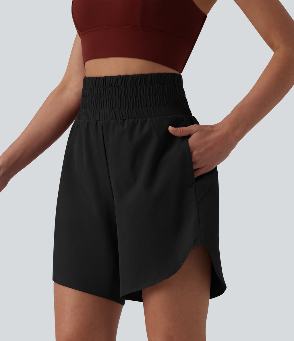 High Waisted 2-in-1 Curved Hem Quick Dry Running Shorts 7" with Pockets — Black — view 6