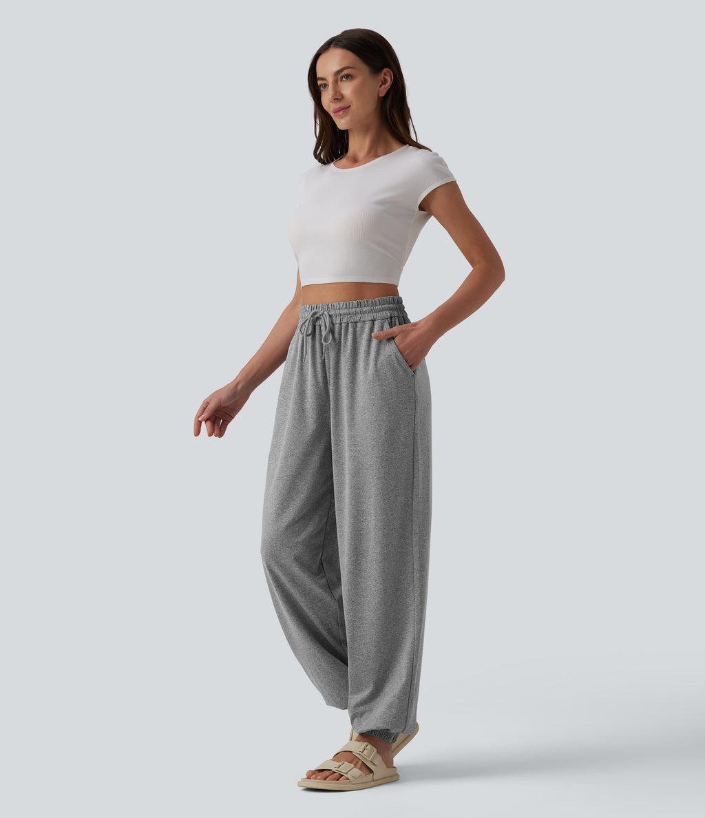 High Waisted Drawstring Wide Leg Casual Joggers with Pockets — Fog Gray — view 6