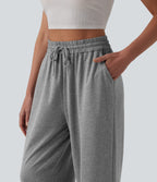 High Waisted Drawstring Wide Leg Casual Joggers with Pockets — Fog Gray — view 4