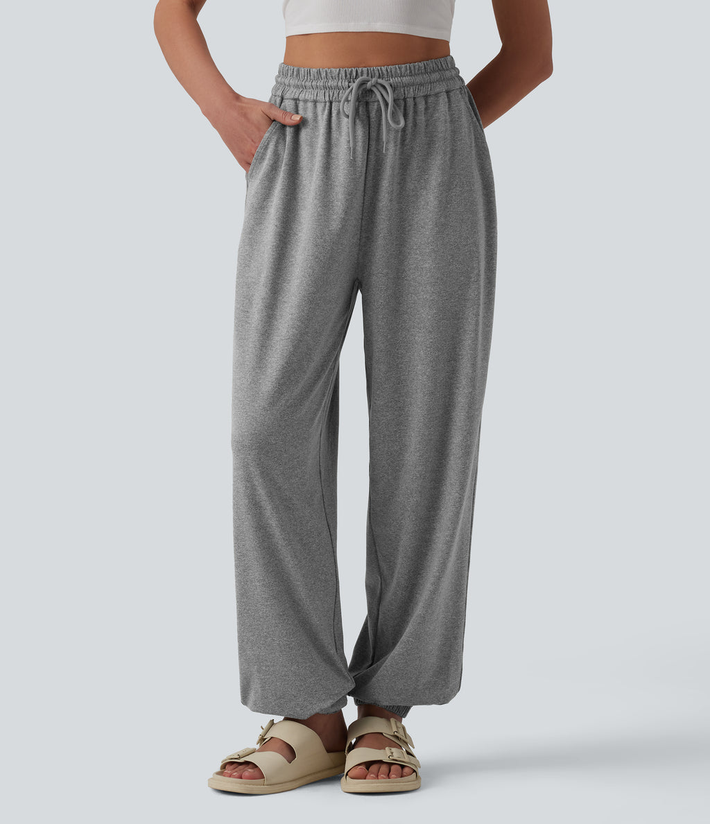 High Waisted Drawstring Wide Leg Casual Joggers with Pockets — Fog Gray — view 1