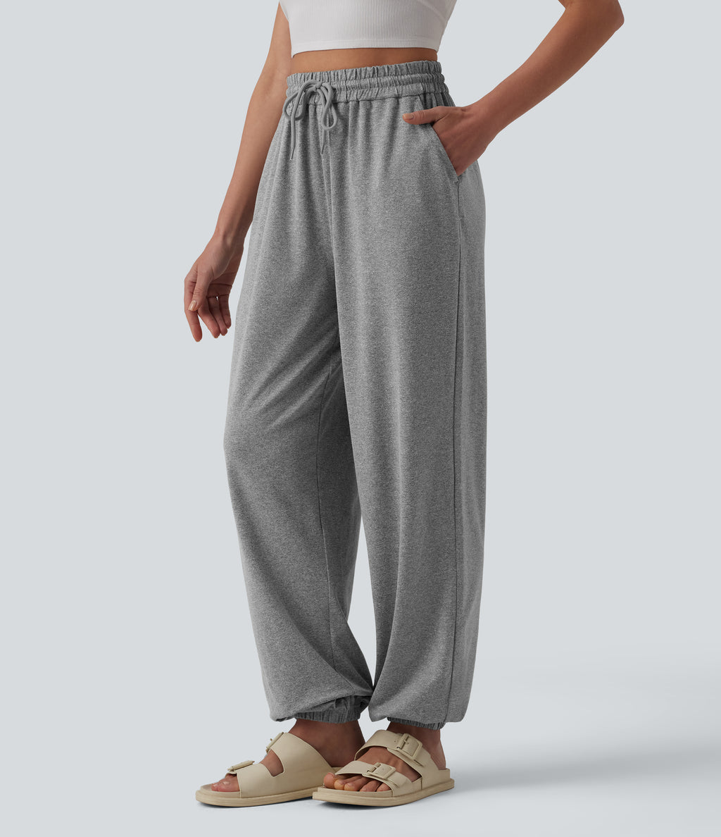 High Waisted Drawstring Wide Leg Casual Joggers with Pockets — Fog Gray — view 3