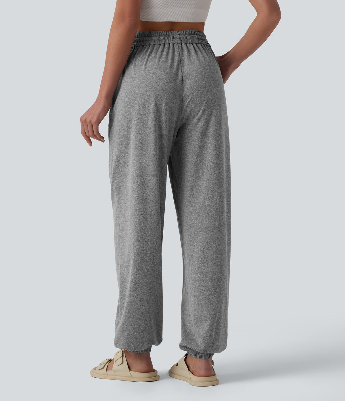 High Waisted Drawstring Wide Leg Casual Joggers with Pockets — Fog Gray — view 2
