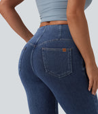 Mid Rise Tummy Control Flare Casual Jeans with Pockets — Estate Blue Denim — view 4