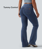 Mid Rise Tummy Control Flare Casual Jeans with Pockets — Estate Blue Denim — view 1