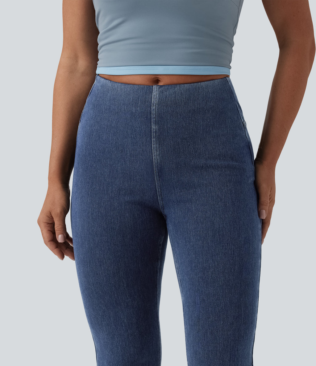 Mid Rise Tummy Control Flare Casual Jeans with Pockets — Estate Blue Denim — view 5